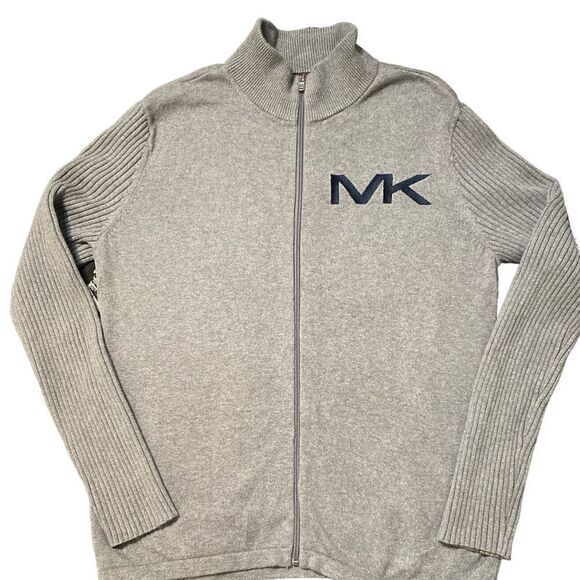 Michael Kors MK Embroidered Full Zip Up Gray Sweater Size Medium - Picture 3 of 8